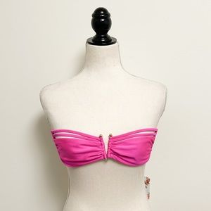 Luli Fama Pink Strappy V Ring Bandeau Back Tie Muy Caliente Bikini Top NWT Small